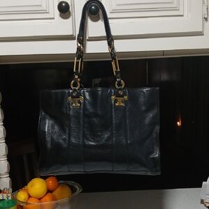 Tory Burch Black Leather Tote with Gold Accents